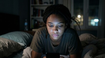 Fototapeta premium Young black woman using smartphone in dark bedroom at night. Screen light illuminating face of female browsing social media, texting or reading news before sleep. Insomnia concept.