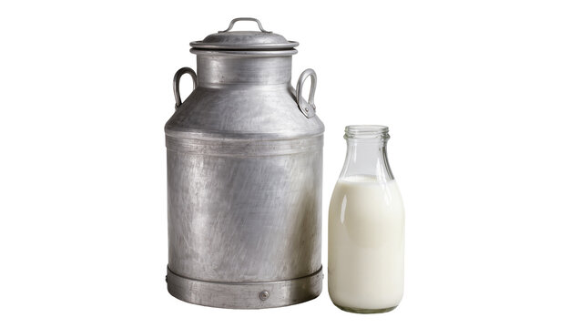 Vintage metal milk can and glass bottle filled with milk