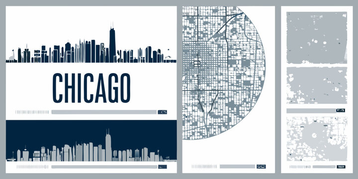 Chicago city skyline and map vector illustrations minimalist style