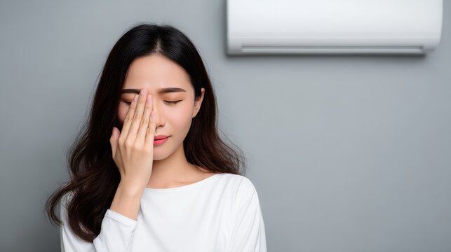 Asian woman touching bridge of nose suffering from sinus pain. Sick female with eyes closed under air conditioning. Eye strain and headache concept