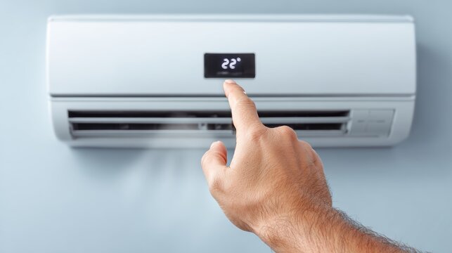 Hand touching the digital display of an air conditioning unit. Close up of a person adjusting the temperature to 22 degrees. Climate control and home appliance technology