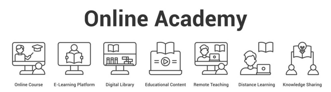 Online Academy web banner icon vector illustration concept for business with icon of Online Course, E-Learning Platform, Digital Library, Educational Content, Remote Teaching, Distance Learning,.