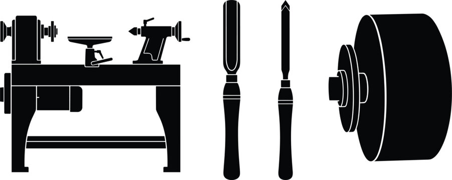 Wood Lathe Machine Set with Turning Chisels Gouge and Grinding Wheel Icons for Carpentry Workshop Vectors