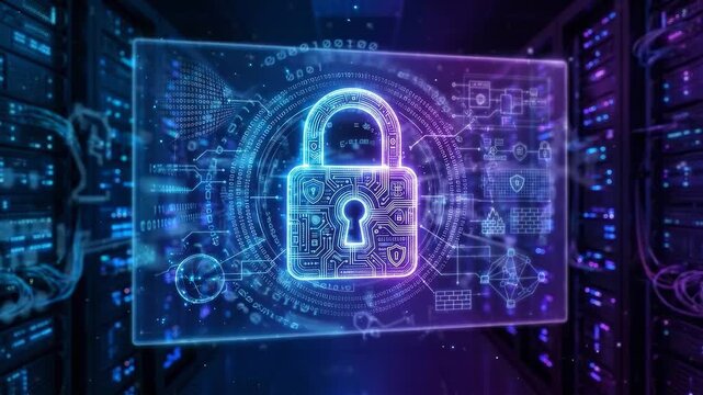 Tracking shot of holographic padlock icon moving toward camera while rotating and glowing in data center server aisle with neon blue and purple lighting