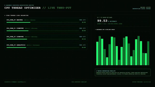 Futuristic Green CPU System Monitor Computer Interface.