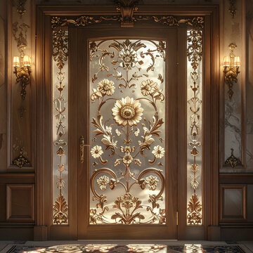 Ornate Golden Door with Floral Etched Glass Panel