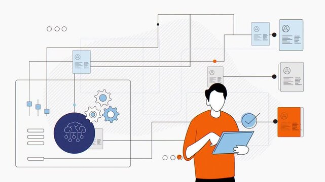 Technical Engineer Managing Digital Cloud Workflow Chart on Portable Tablet 2D Animation