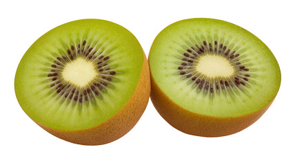 Fototapeta premium Two halves of ripe kiwi fruit showing green flesh and black seeds