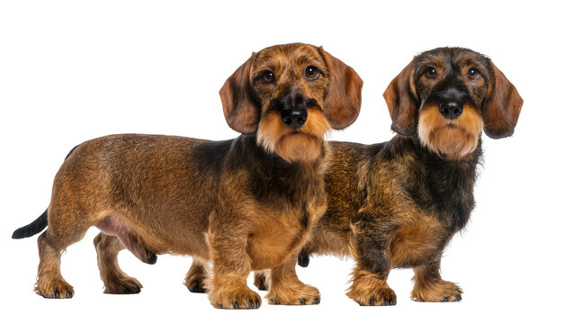 Two wirehaired dachshunds standing side by side