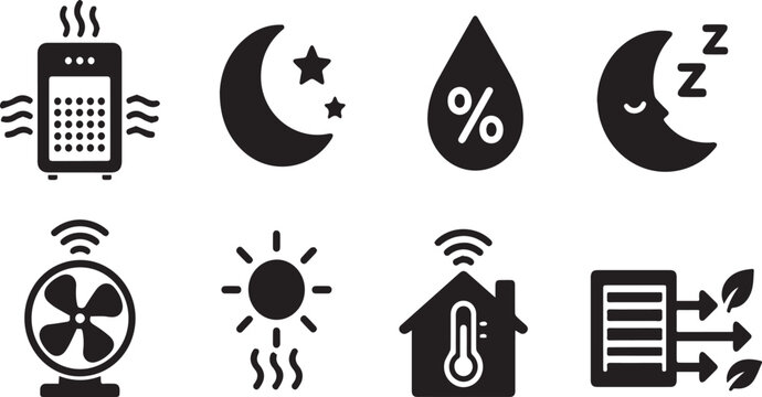 Smart Home Climate Control and Air Conditioning Vector Icon Set. Includes Air Purifier, Thermostat, Fan, Humidity Sensor, Night Mode, and Fresh Air Icons for App Design and UI Interface.