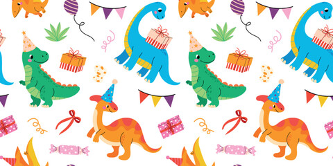 Cute dinosaur birthday seamless pattern with funny animals, gifts, balloons and party decorations. Colorful kids design for nursery decor, fabric and wrapping paper. Flat vector illustration. © Hanna Bykova