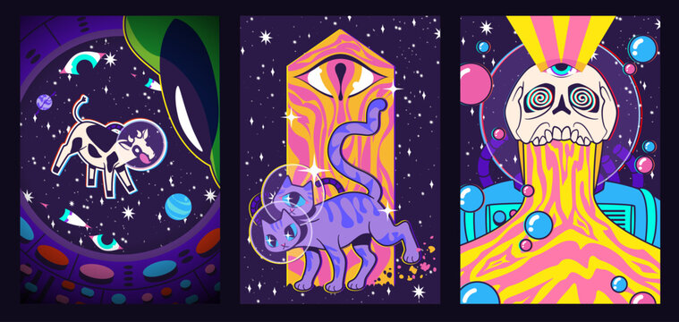 Groovy poster set with psychedelic retro design. Vector illustration of vintage banners with cat and cow in space helmet, alien ufo, eyes, crazy skull on space starry background, creative y2k pattern
