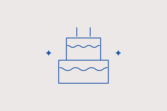 Two layered sweet celebration cake with candles line icon for festive birthday holiday party catering. Practical vector illustration for bakery custom confectionery ordering menus.