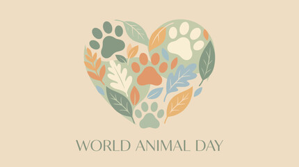 World Animal Day Illustration with Paw Prints and Leaves in Heart Shape on Neutral Background © Oktafianto