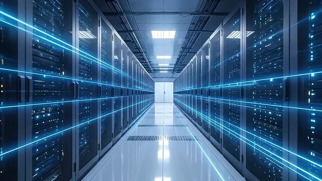 A futuristic server room with glowing blue data transfer lines