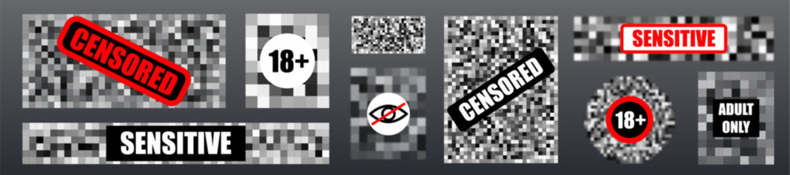 Pixel censorship bar effect with mosaic blur pattern. Vector realistic set of blurry icons for sensitive content blocking and privacy protection in digital media and graphic design applications
