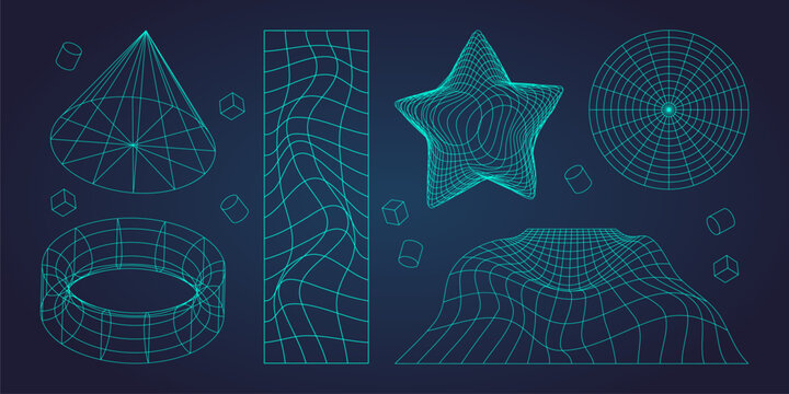 3D geometric shapes with Y2K wireframe grid texture. Vector realistic illustration of neon blue conus, star, torus icons, retro futuristic mesh landscape, design elements for tech background