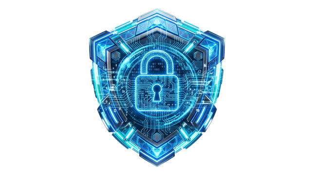 Futuristic Digital Security Shield with Glowing Blue Padlock, Cyber Defense, Data Privacy, and Information Network Protection