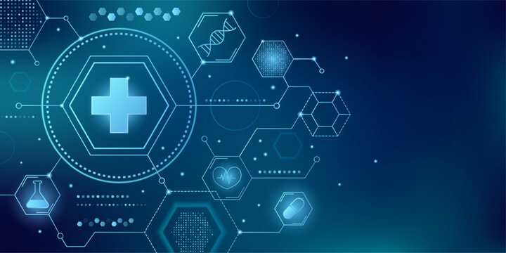 Medical background with hexagonal pattern. Vector realistic illustration of modern healthcare banner design with neon cross, lab flask, dna structure icons, blue tech texture, clinic presentation