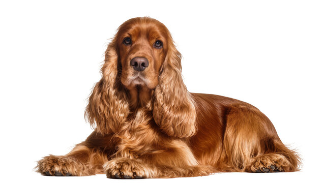 English Cocker Spaniel dog lying down brown coat, long ears