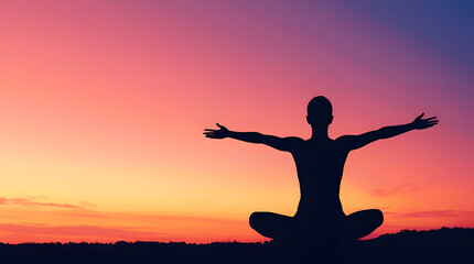 Fototapeta premium Freedom and mindfulness concept with human silhouette practicing yoga at dawn