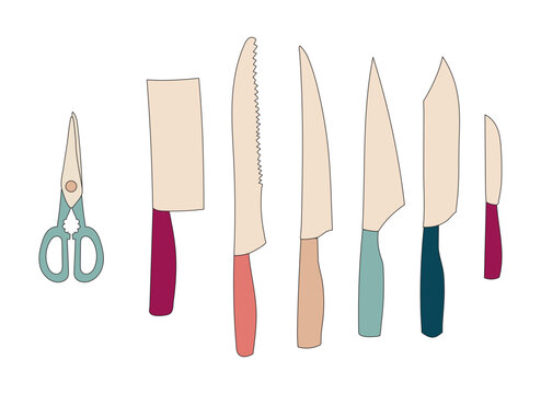 Kitchen Knives Icon Set &mdash; Chef Knife, Bread Knife, Scissors