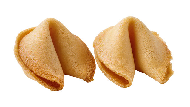 Two golden brown fortune cookies with crisp edges