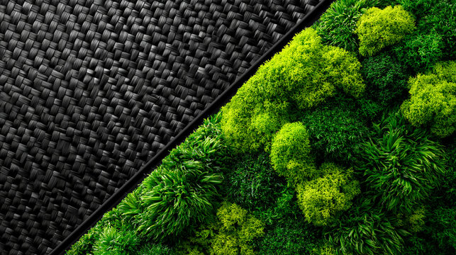 Gros plan de deux textures s&eacute;par&eacute;es en diagonale : une moiti&eacute; en tissage de fibre de carbone gris fonc&eacute;, l'autre une surface de mousse v&eacute;g&eacute;tale, illustrant un concept de durabilit&eacute;