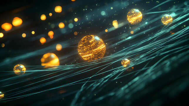 Abstract data flow visualization with glowing golden orbs in dark digital network background