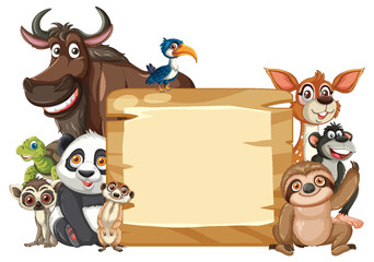 Fototapeta premium Cartoon Wild Animals Surrounding Blank Wooden Signboard