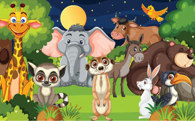 Fototapeta premium Cartoon Wild Animals Gathered in Nighttime Forest Scene