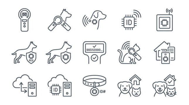 Pet microchipping and identification technology line icons.