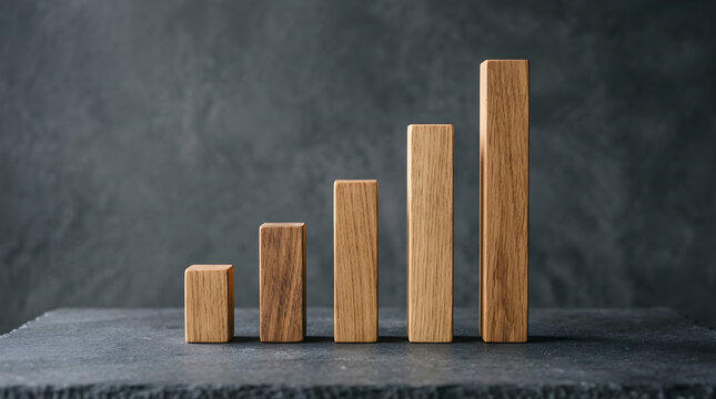 Five wooden blocks of increasing height arranged as a bar chart on a dark textured stone surface