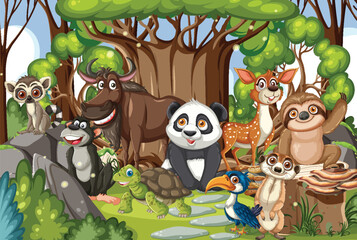 Fototapeta premium Cartoon Wild Animals Gathering in Forest Clearing