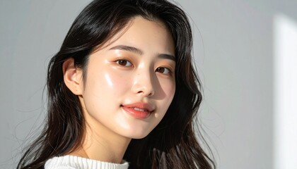 Naklejka premium 清楚で可愛らしい日本人女性の美容ポートレート 白背景のナチュラルスキンケアイメージ
