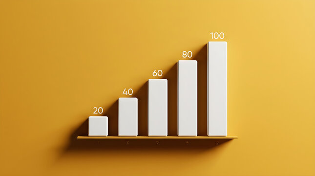 Bar chart with five white columns of increasing height labeled 20, 40, 60, 80, 100 on a yellow background