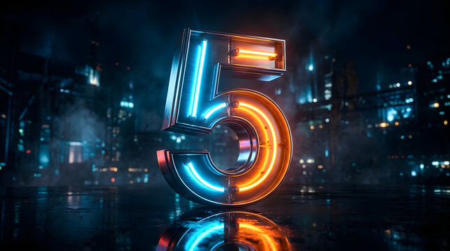 Neon glowing number 5 in a dark futuristic cyberpunk city environment with wet reflective ground and cinematic lighting