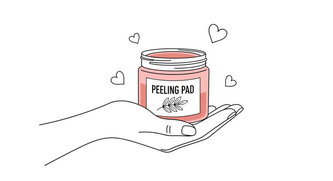 Hand holding a glass jar of peeling pads for skincare with tiny hearts floating around on white background.