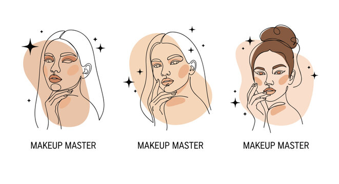 Three artistic female portraits in line art style demonstrating professional makeup application and beauty.