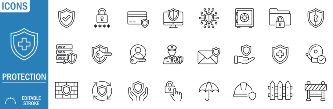 Protection icon set for cyber security data, privacy guard system, network firewall safety, secure access login and internet defense concepts. Editable line icons vector illustration