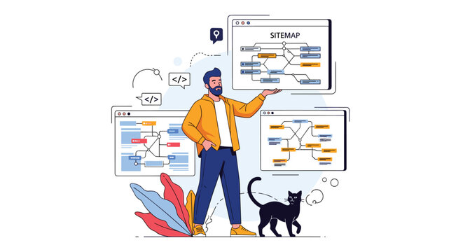Web developer standing among floating browser windows showing website sitemap structures and coding symbols.