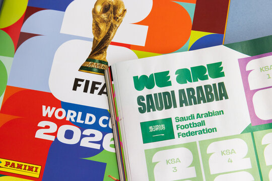 LONDON, UK - JUNE 2026: Saudi Arabia team page with flag in the 2026 world cup sticker book