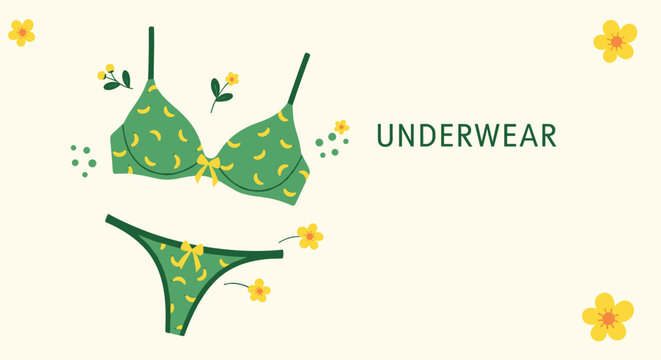 Stylish green underwear set including a bra and matching panties decorated with a cute yellow banana pattern and floral accents.