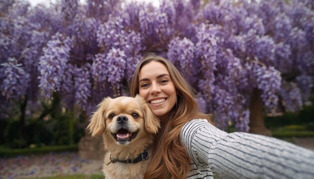 There is a woman taking a selfie with her dog in front of a flowering tree