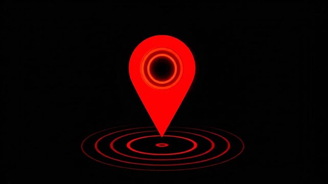 A glowing red map pin icon floats above a dark surface