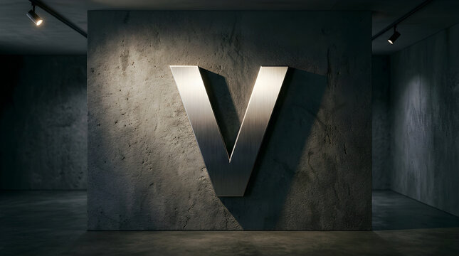 A large, metallic, brushedfinish letter v mounted on a textured concrete wall in a dimly lit, industrialstyle room