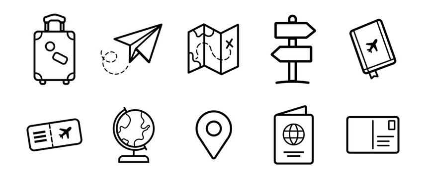 Set de 10 pictogrammes voyage en style doodle minimaliste : valise, avion en papier, carte, panneau directionnel, billet, globe, localisation, passeport et carte postale.