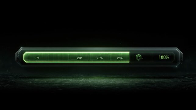 A futuristic, glowing green progress bar fully loaded to 100% with segmented percentages and a sleek digital design on a dark background.