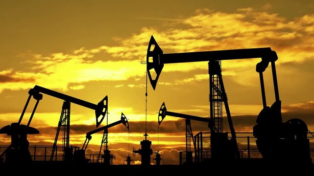 Pump jack. Land crude oil drilling rig, derrick. field, pumpjack. petroleum. Background sunset sky. Gas. Onshore production, industry business. Silhouette, horizon desert. loop. Industrial oilfield