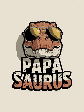 Funny cartoon dinosaur wearing sunglasses with Papa Saurus text transparent background